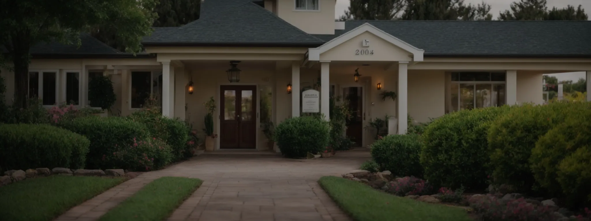 a welcoming nursing home entrance with a clear signpost and a visible path leading to the front door, surrounded by well-maintained gardens.