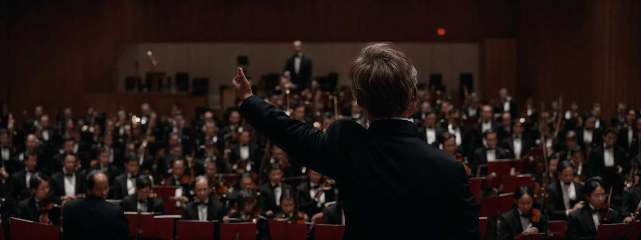 a conductor poised before an orchestra, embodying the harmony of precise adjustments shaping a harmonious masterpiece.