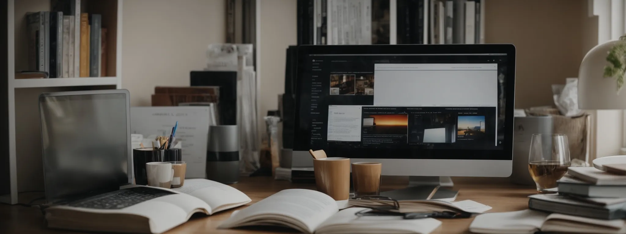 a person sitting at a desk with a computer and a series of marketing e-books arrayed on the screen.