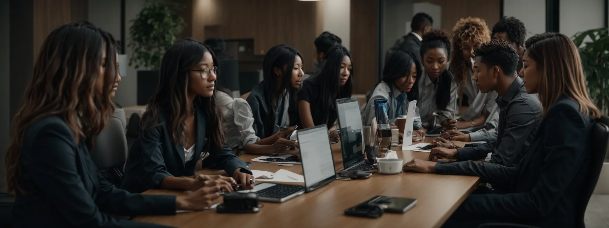 a diverse group of professionals engaged in a collaborative meeting around a high-tech conference table, brainstorming over a shared digital interface.