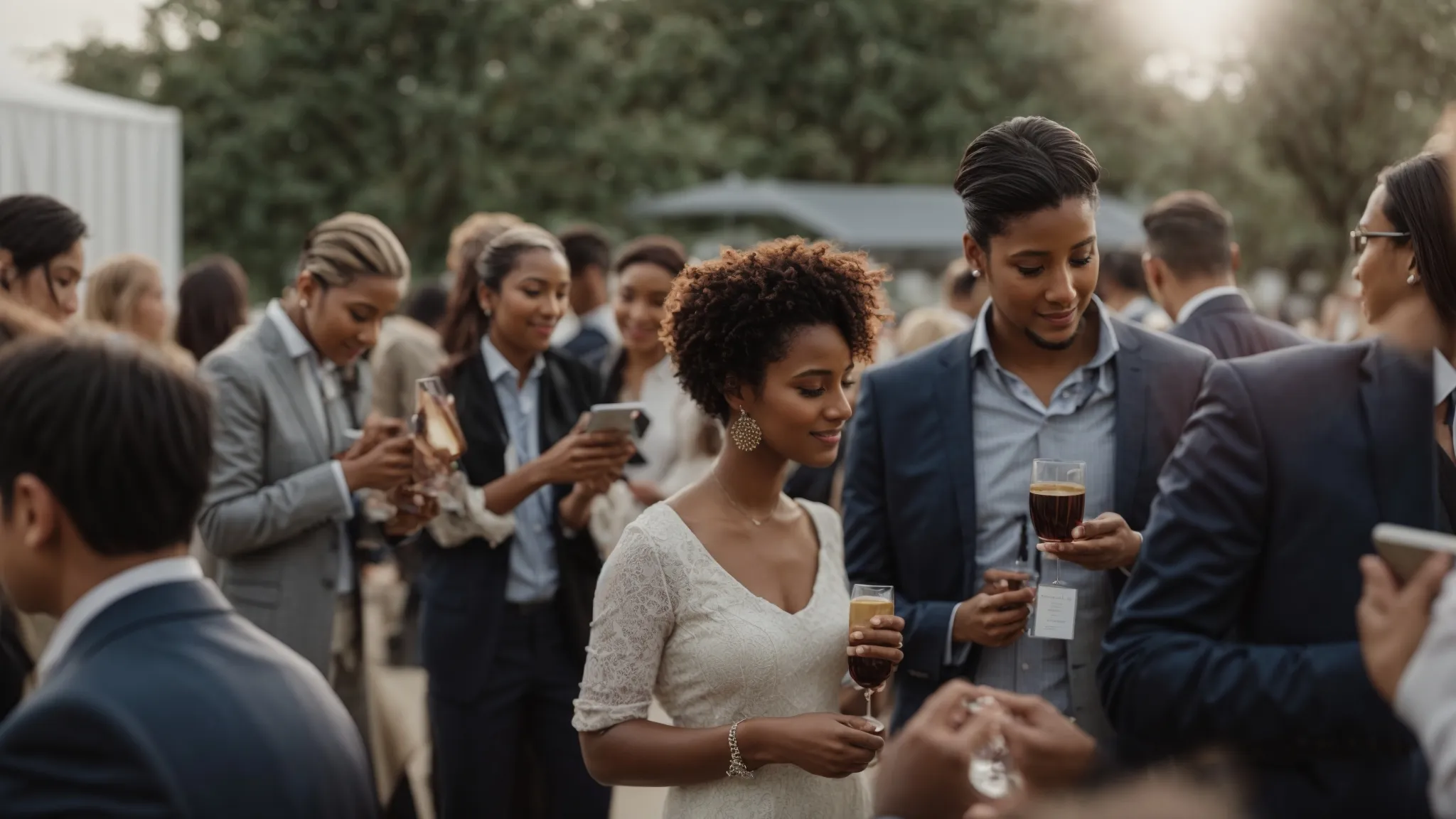 a group of professionals networking at a corporate event with digital devices.