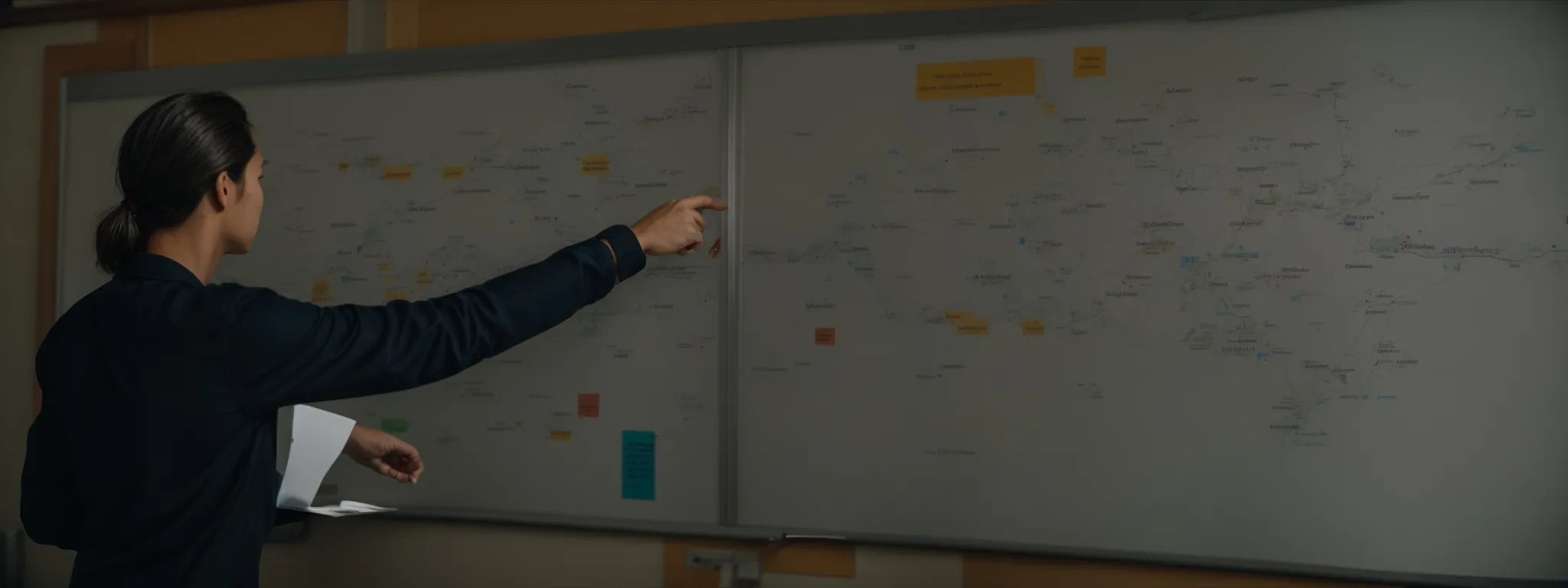 a teacher points at a whiteboard illustrating various prepositions linking the subject to its location in space.