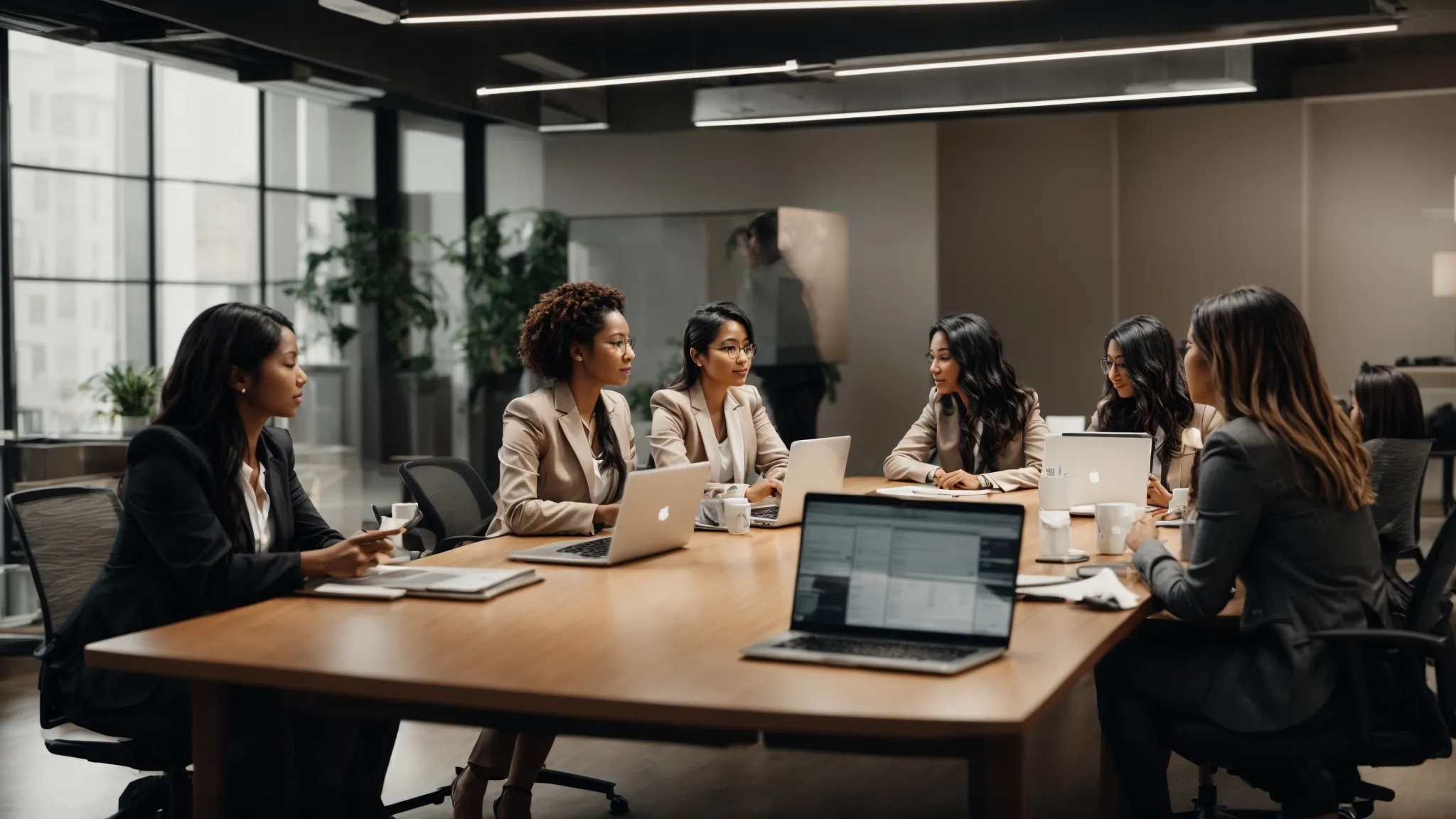 a group of women professionals engaged in a collaborative discussion around a conference table with laptops and digital marketing charts.