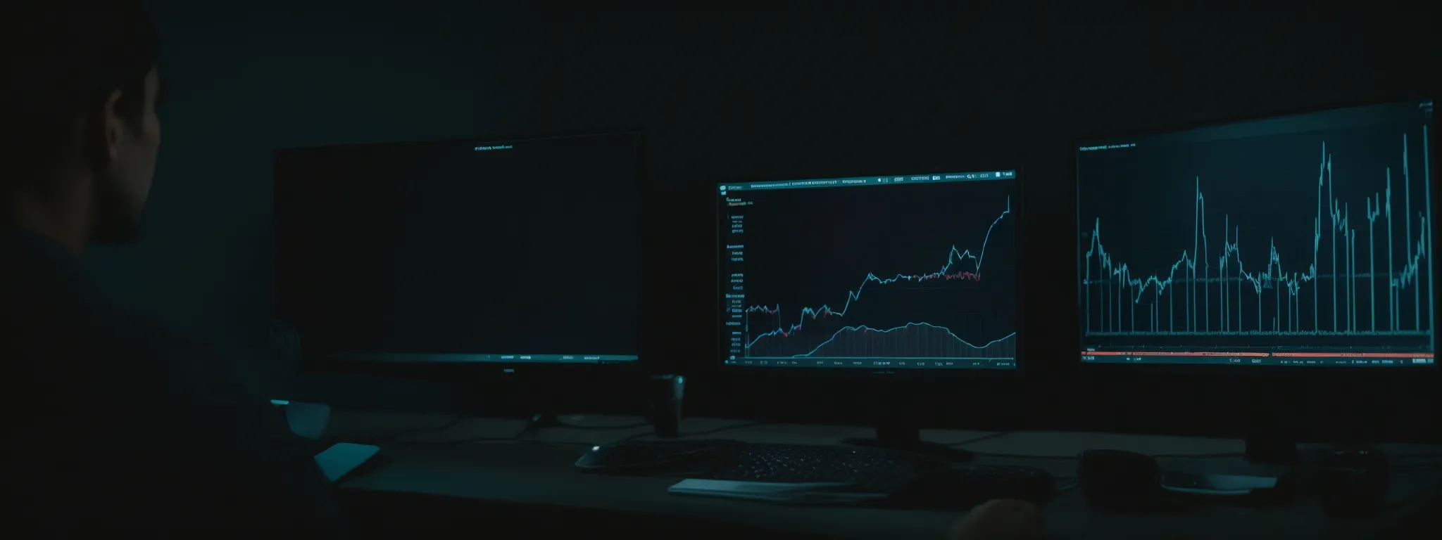 a person in front of a computer screen displaying graphs and analytics, evaluating seo strategies.