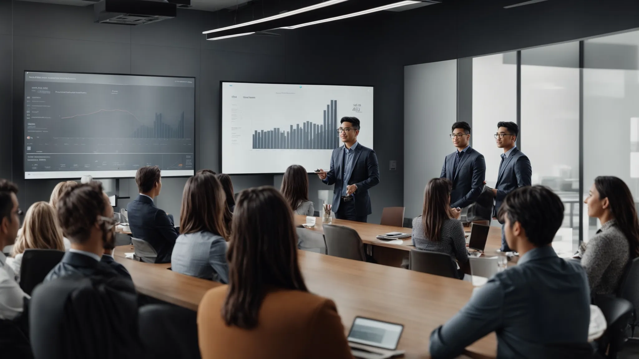 a person presenting a digital marketing strategy on a large screen to a group of attentive professionals in a modern office.