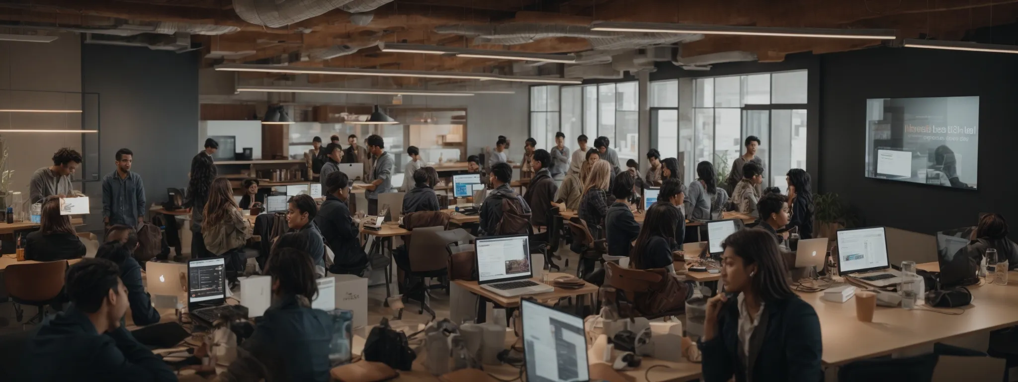 a diverse group of people gather in a modern co-working space, engaging in animated discussions around laptops and interactive displays.