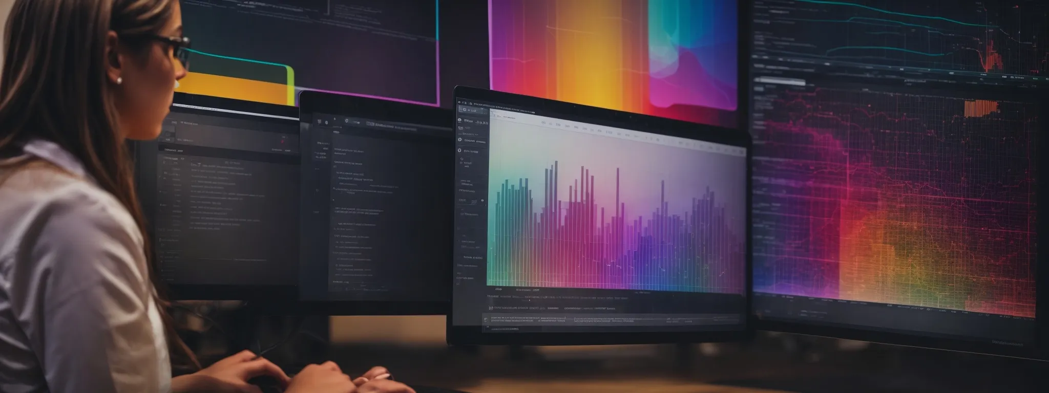 A person works at a desk with multiple computer monitors displaying colorful data visualizations, charts, and graphs.