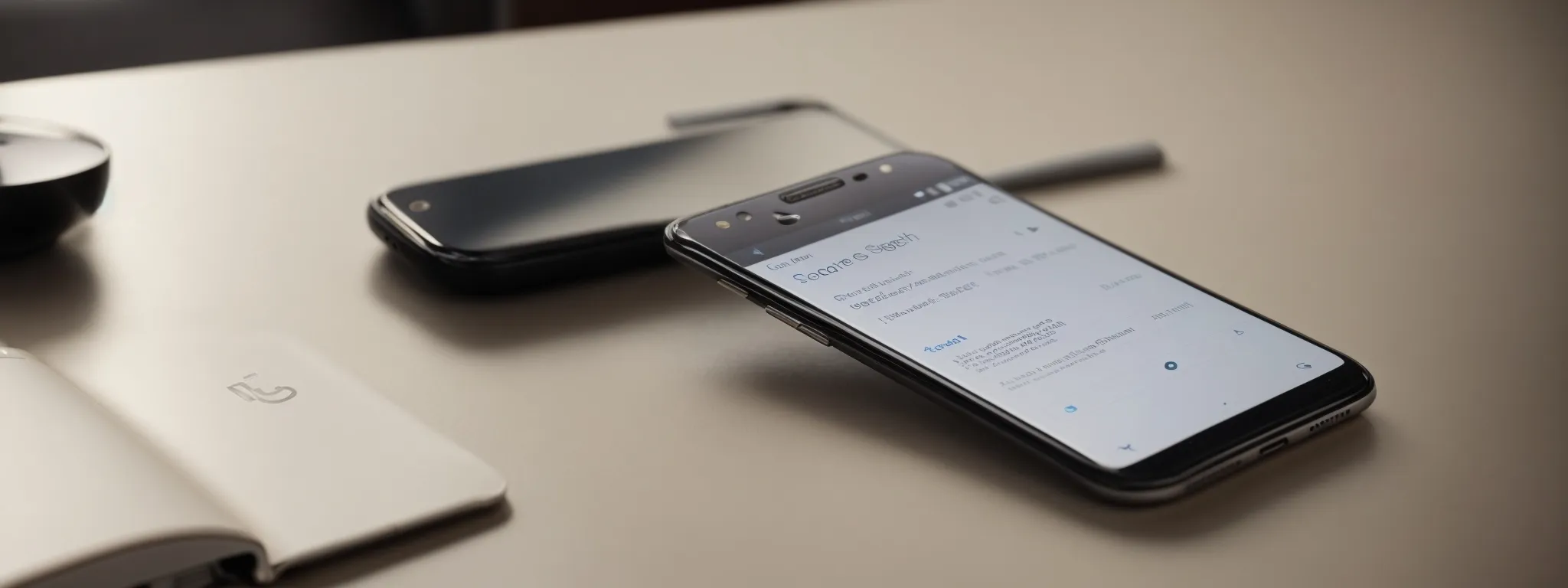 a smartphone displaying a search engine's results page on its screen amidst a desk setting.