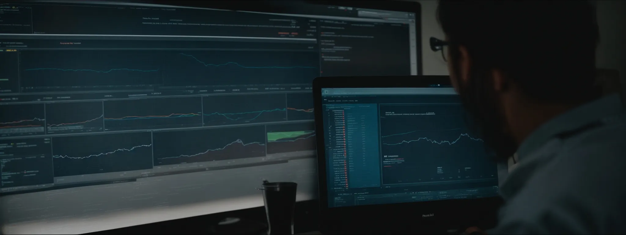 a marketer reviews analytics on a computer screen, assessing a website's user interface.