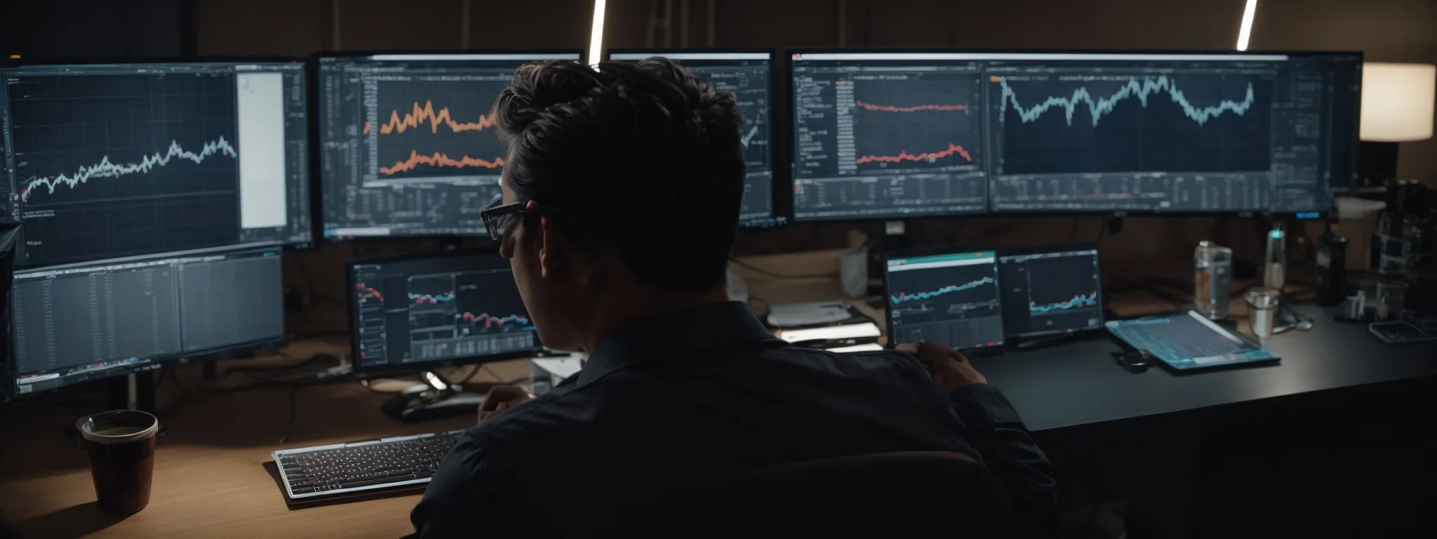 A person sits at a desk with multiple monitors displaying financial charts and data in a dimly lit office.