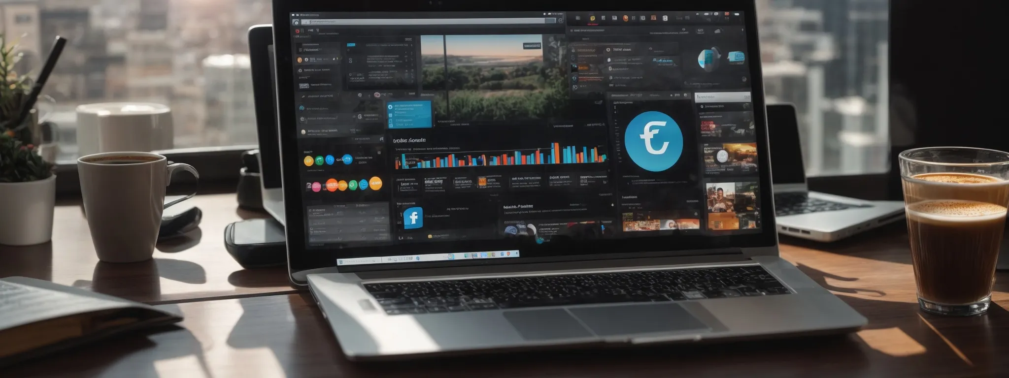 a laptop with various social media application icons on the screen surrounded by marketing analytics charts and a coffee cup on a modern workspace.