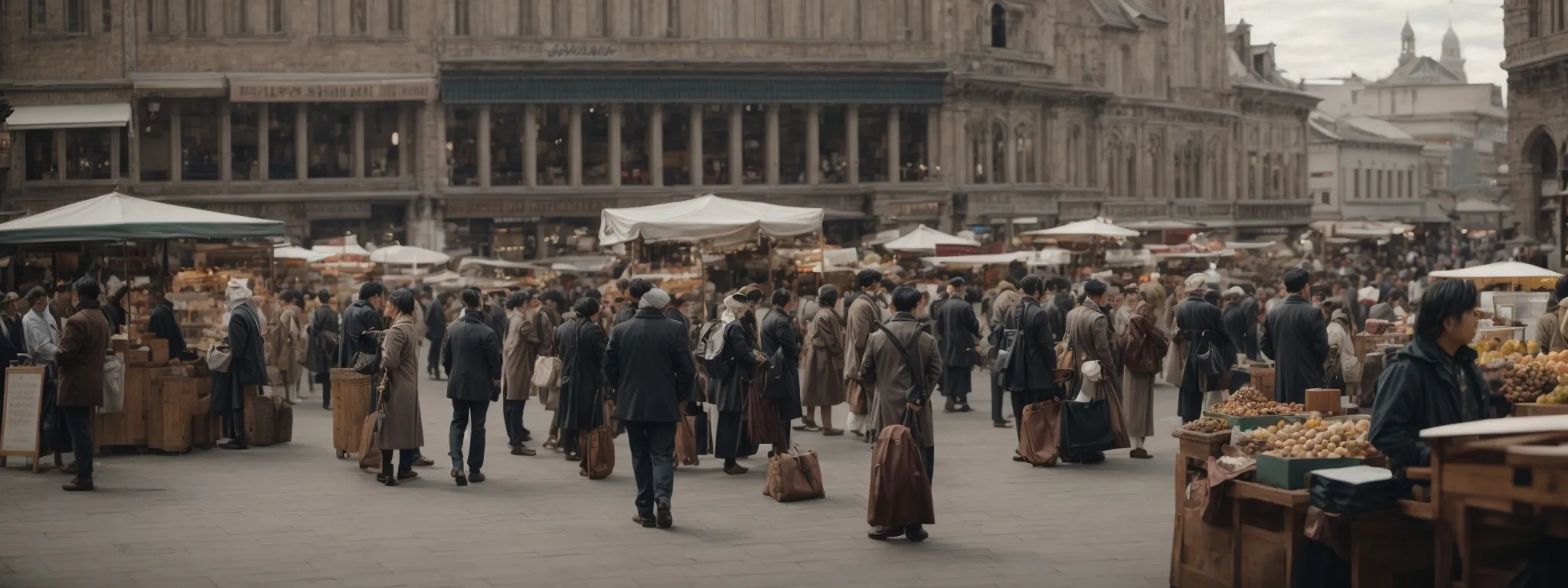 a business owner intently observes a bustling market square filled with customers visiting different stalls.