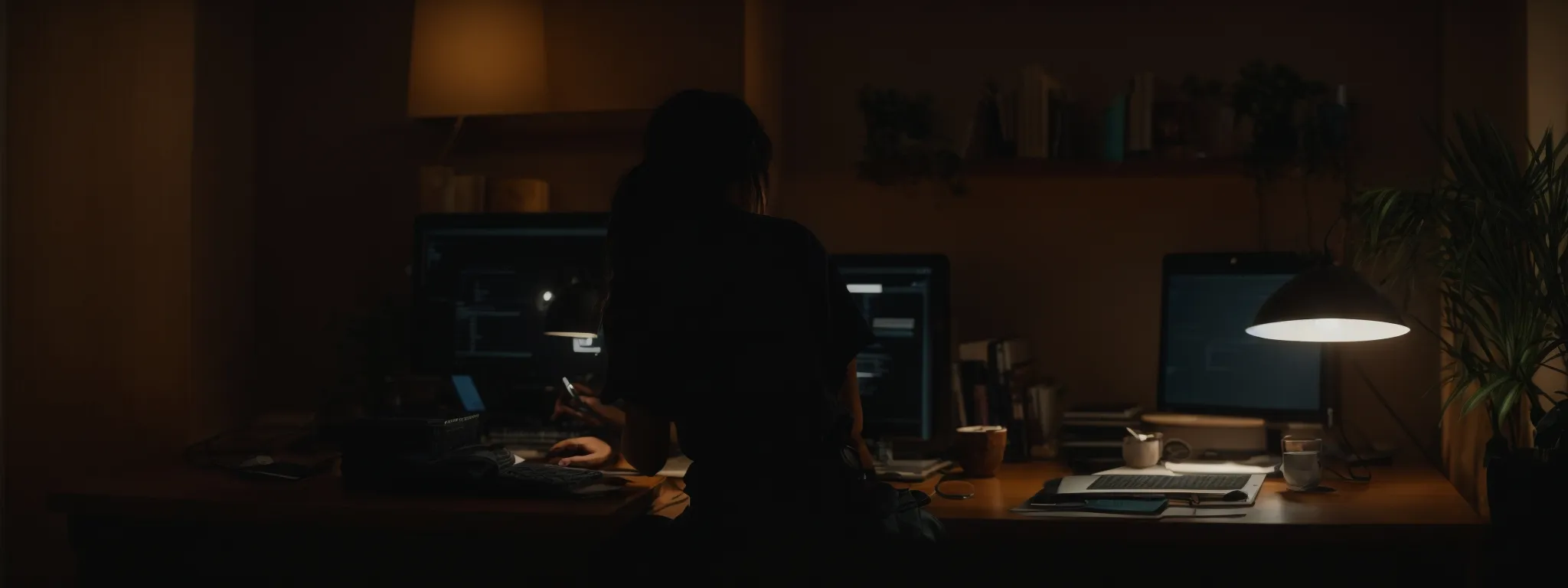 a person sits comfortably at a home office desk, intently composing an email on a computer amidst soft lighting.