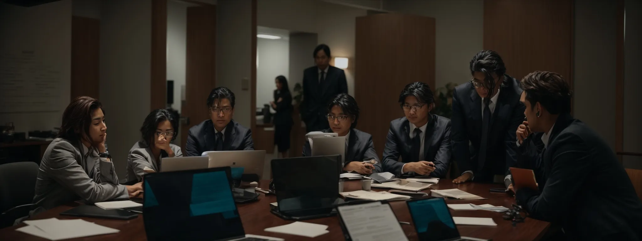 a group of professionals gathers around a conference table, intently discussing strategies over laptops and notepads.