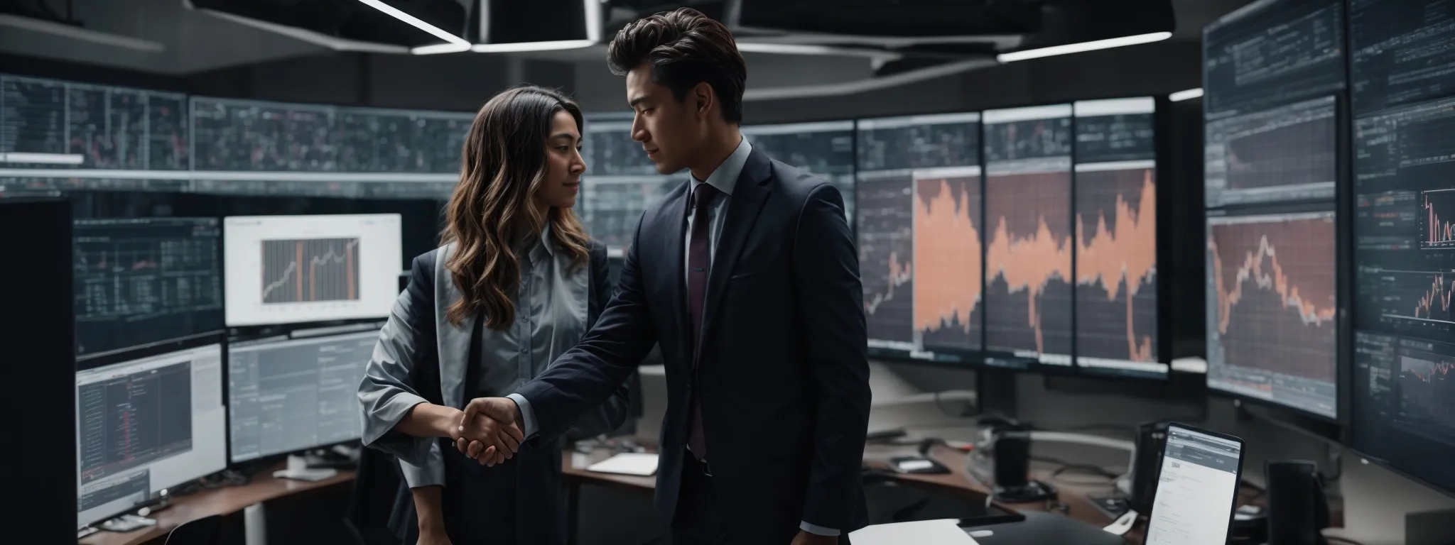 Two business professionals shake hands in an office with multiple monitors displaying financial charts and data.
