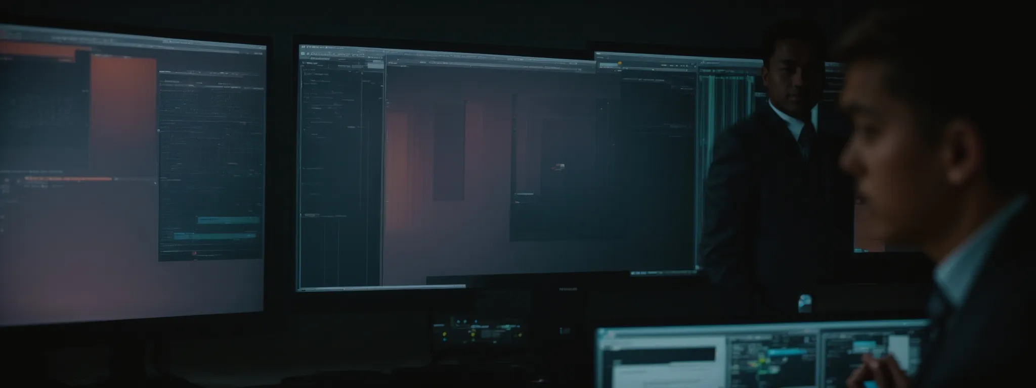 two professionals engaged in a conversation with a LinkGraph interface displayed on a large monitor behind them.