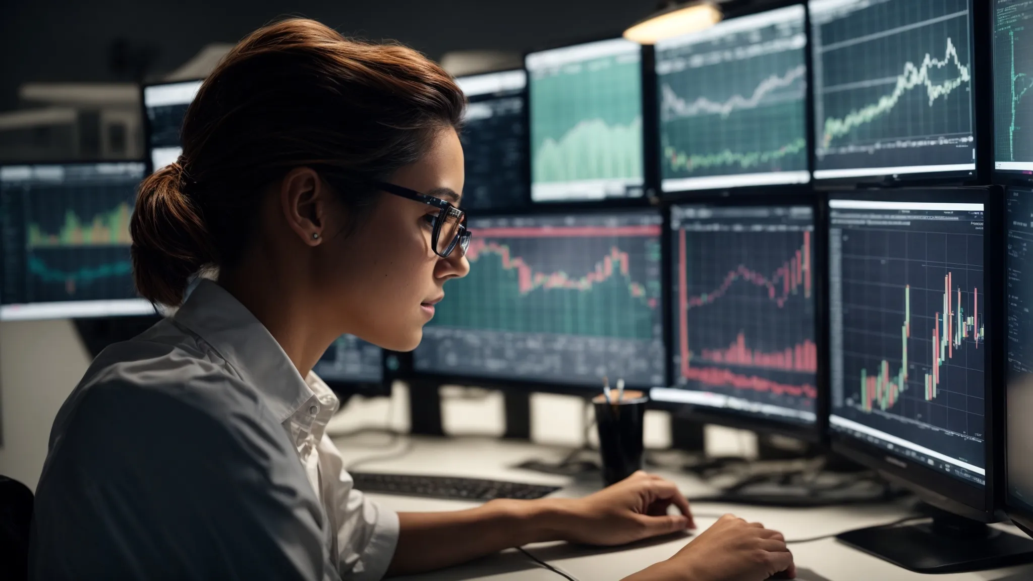a person intently analyzing colorful graphs and charts on a computer screen in a well-lit office environment.