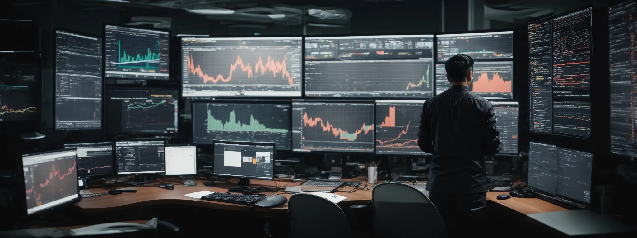 a digital marketer scrutinizes analytics on a computer dashboard representing website traffic and seo performance metrics for multiple domains.