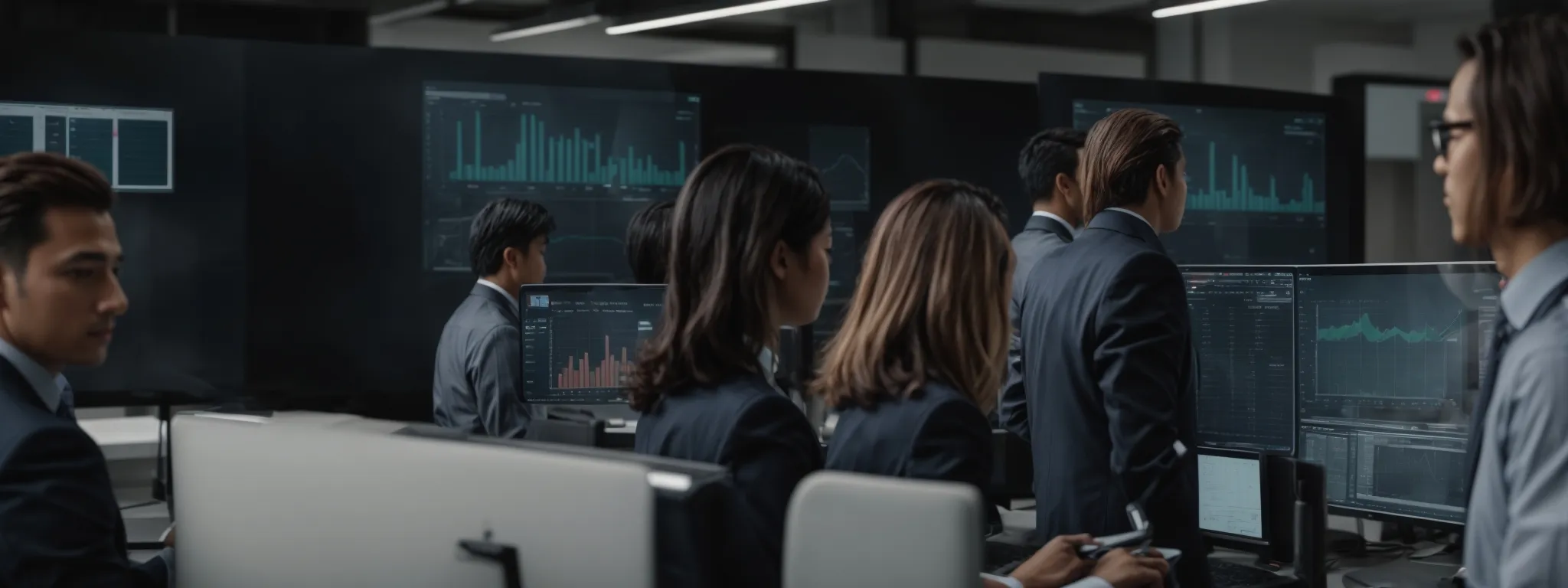 a team of professionals examining a large computer screen displaying charts and growth metrics in a modern office setting.