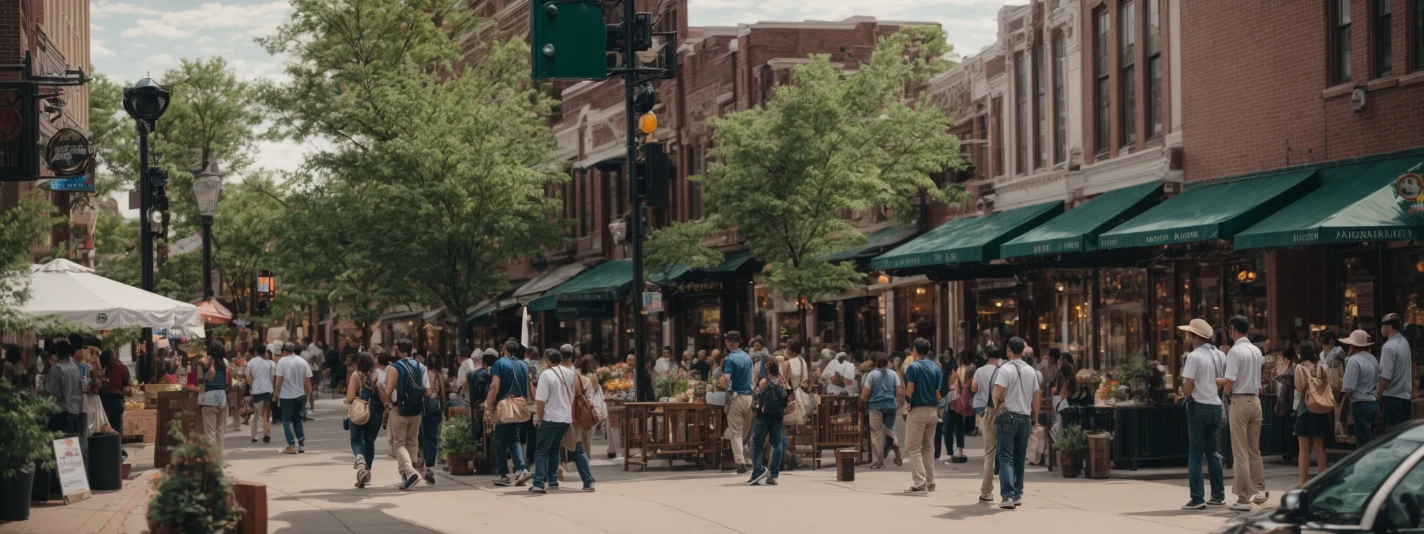 a vibrant street view of downtown ann arbor bustling with pedestrians and lined with distinct local shops and eateries.