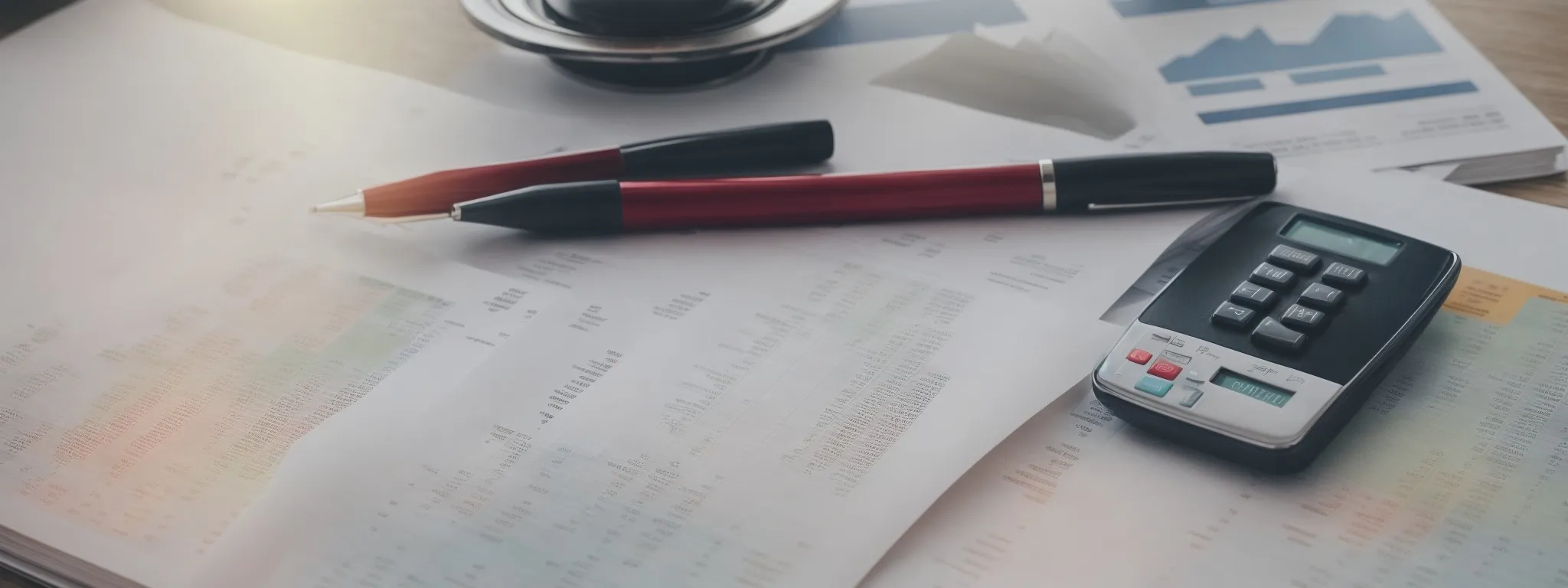 A calculator, two pens, and printed financial documents with charts and graphs are spread out on a desk.