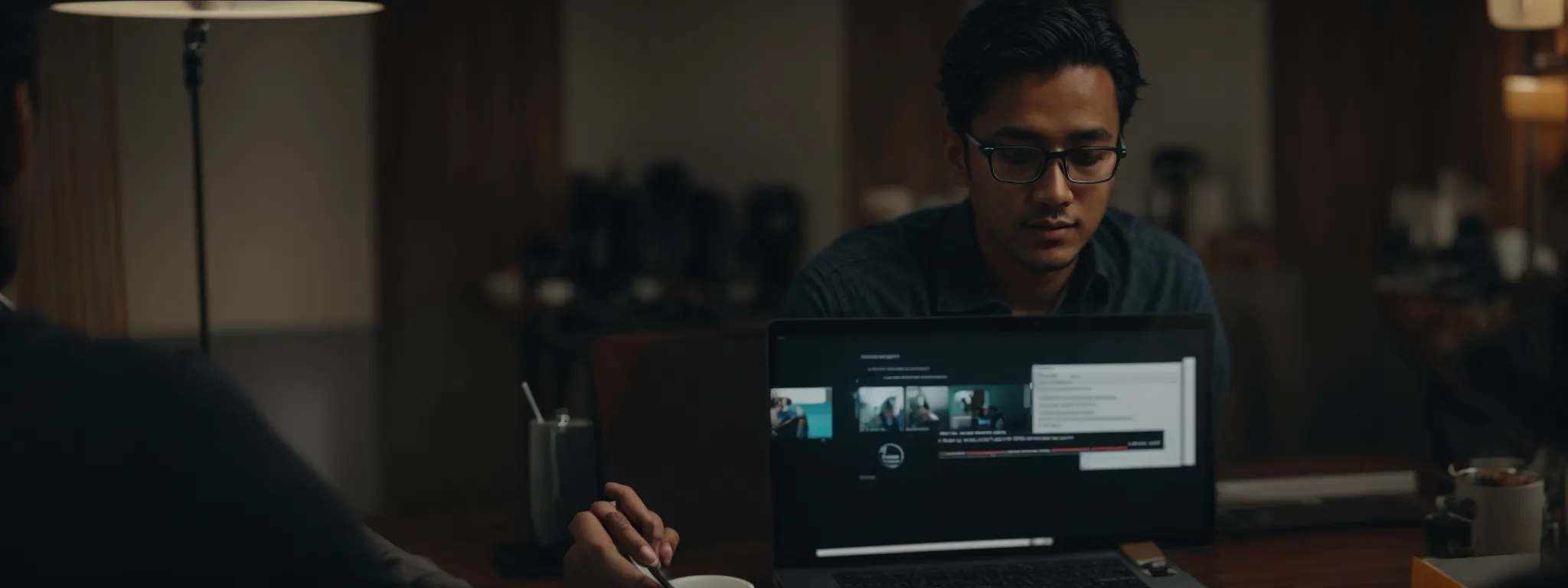 a focused content creator reviews analytics on a laptop to evaluate and optimize their youtube strategy.