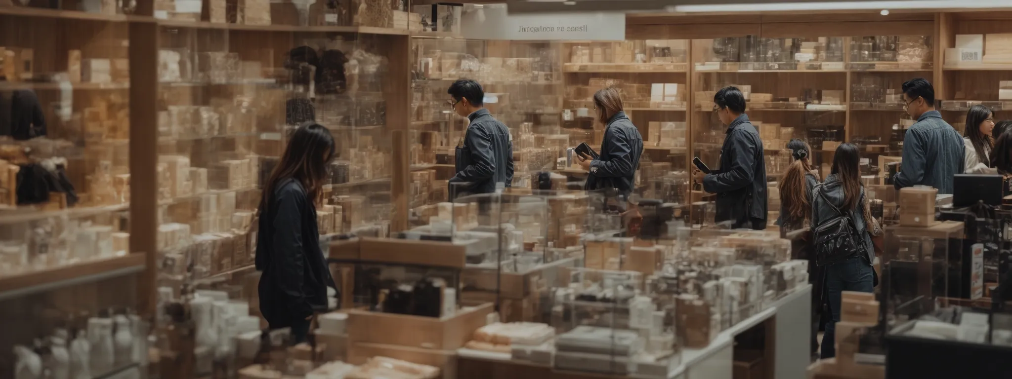 a bustling online storefront bustling with digital activity as consumers browse through an organized array of products.