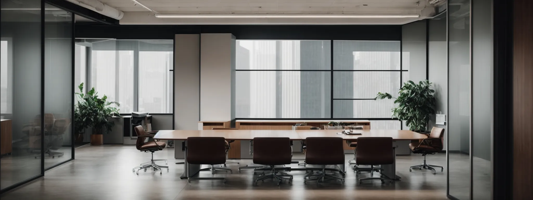 a modern office environment, with an empty conference room table and chairs, suggesting a recently concluded job interview.