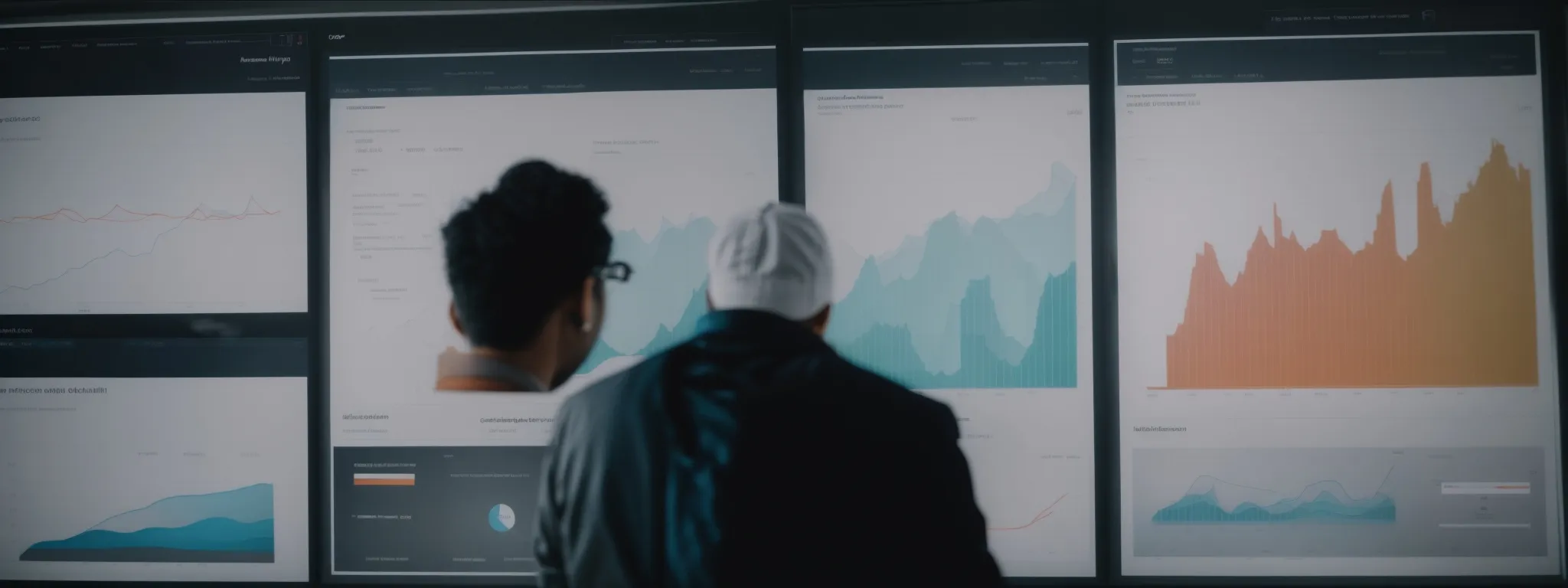 a marketer analyzes a complex graph tracking various audience engagement metrics on a digital dashboard.