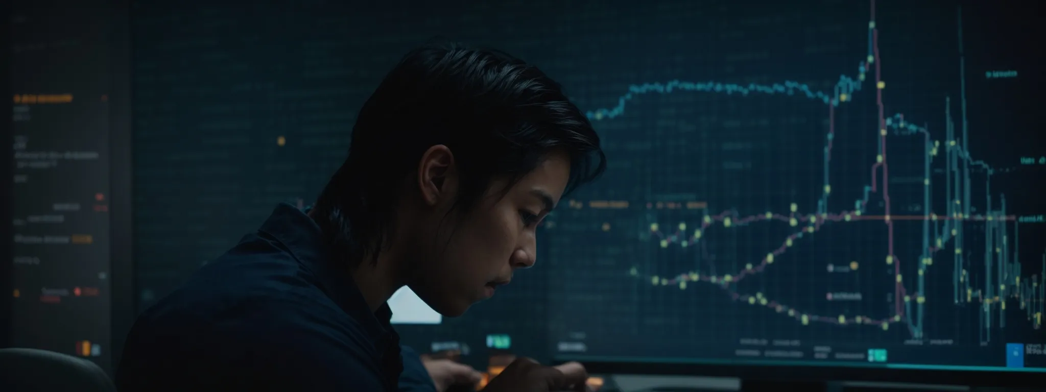 a marketer intently studies a complex network graph on a computer screen, symbolizing the analysis of competitor backlink profiles.