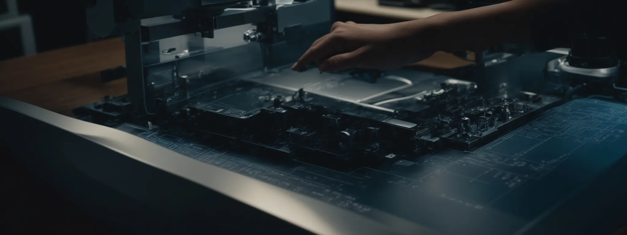 a focused individual crafting a blueprint on a digital interface.