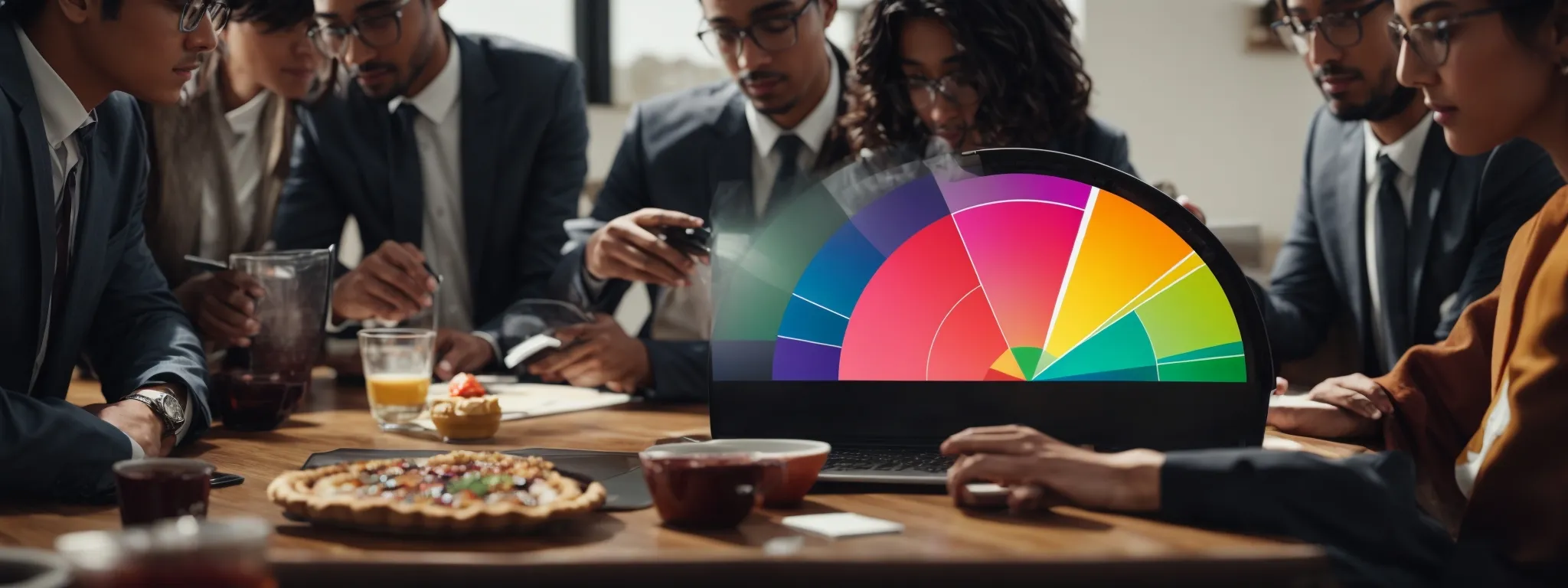 a diverse team of professionals gathered around a laptop, analyzing a colorful pie chart representing a digital marketing budget.