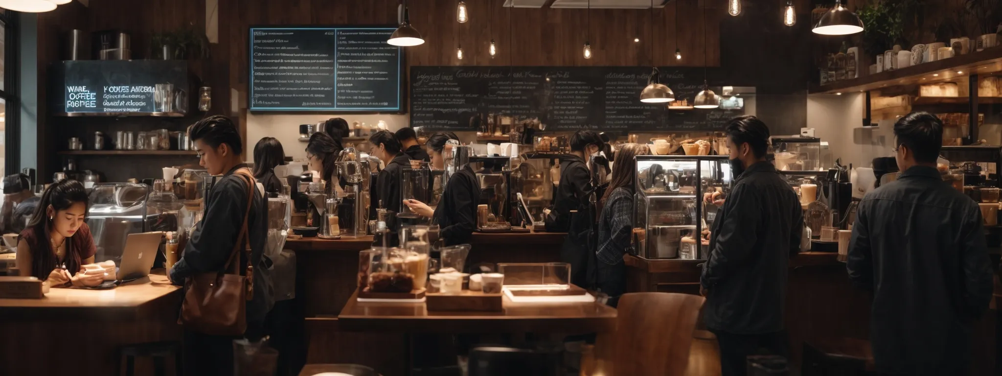 a bustling coffee shop filled with customers engaged on laptops and mobile devices, illuminated by soft overhead lighting.