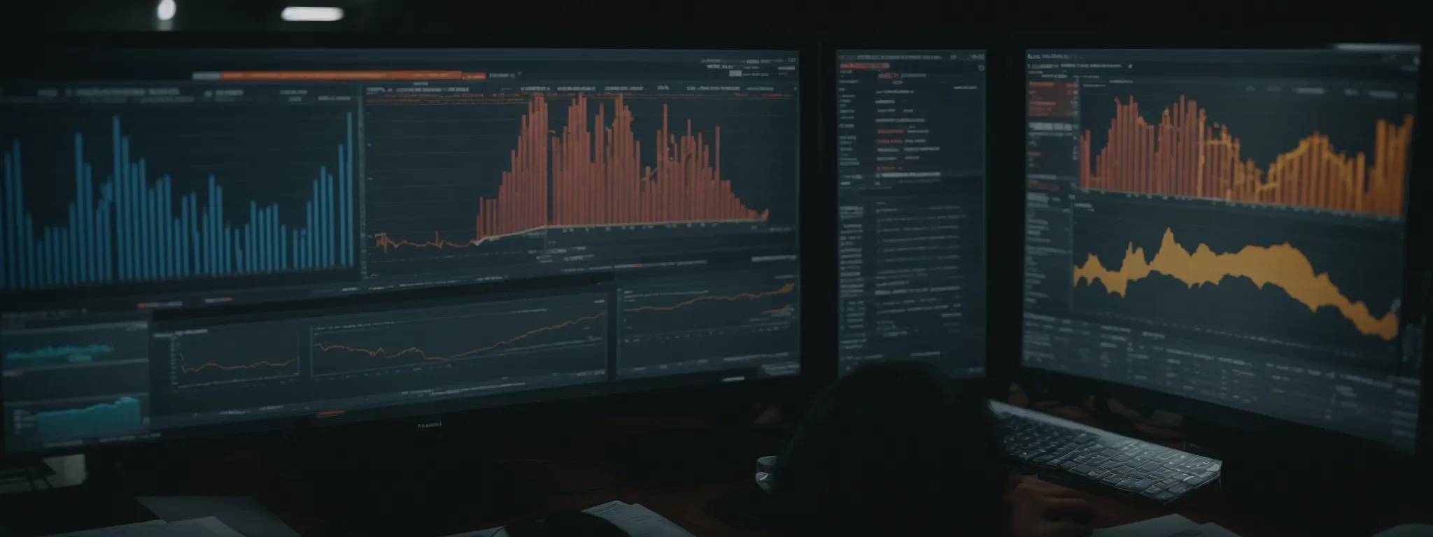 a marketer analyzes data on a computer dashboard, strategizing digital lead generation campaigns.