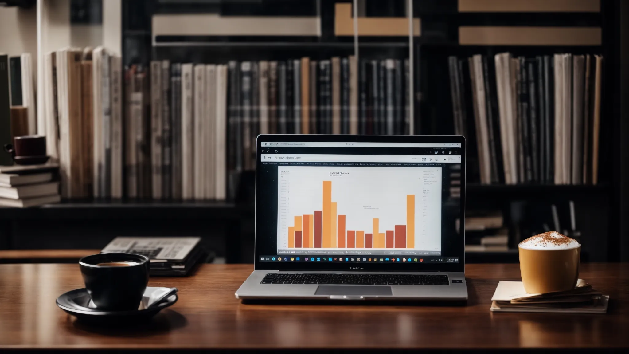 a laptop with charts on the screen situated on a desk surrounded by marketing books and a coffee cup.