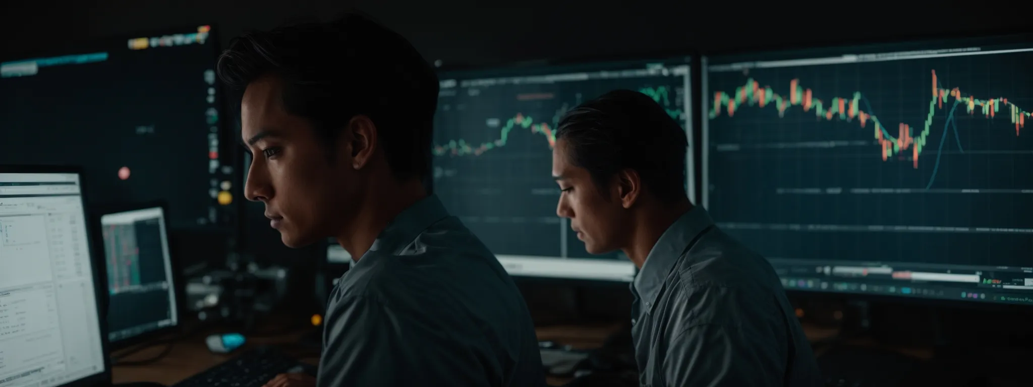 a professional intensely scrutinizing graphs on a computer screen to optimize witty headlines for digital content engagement.