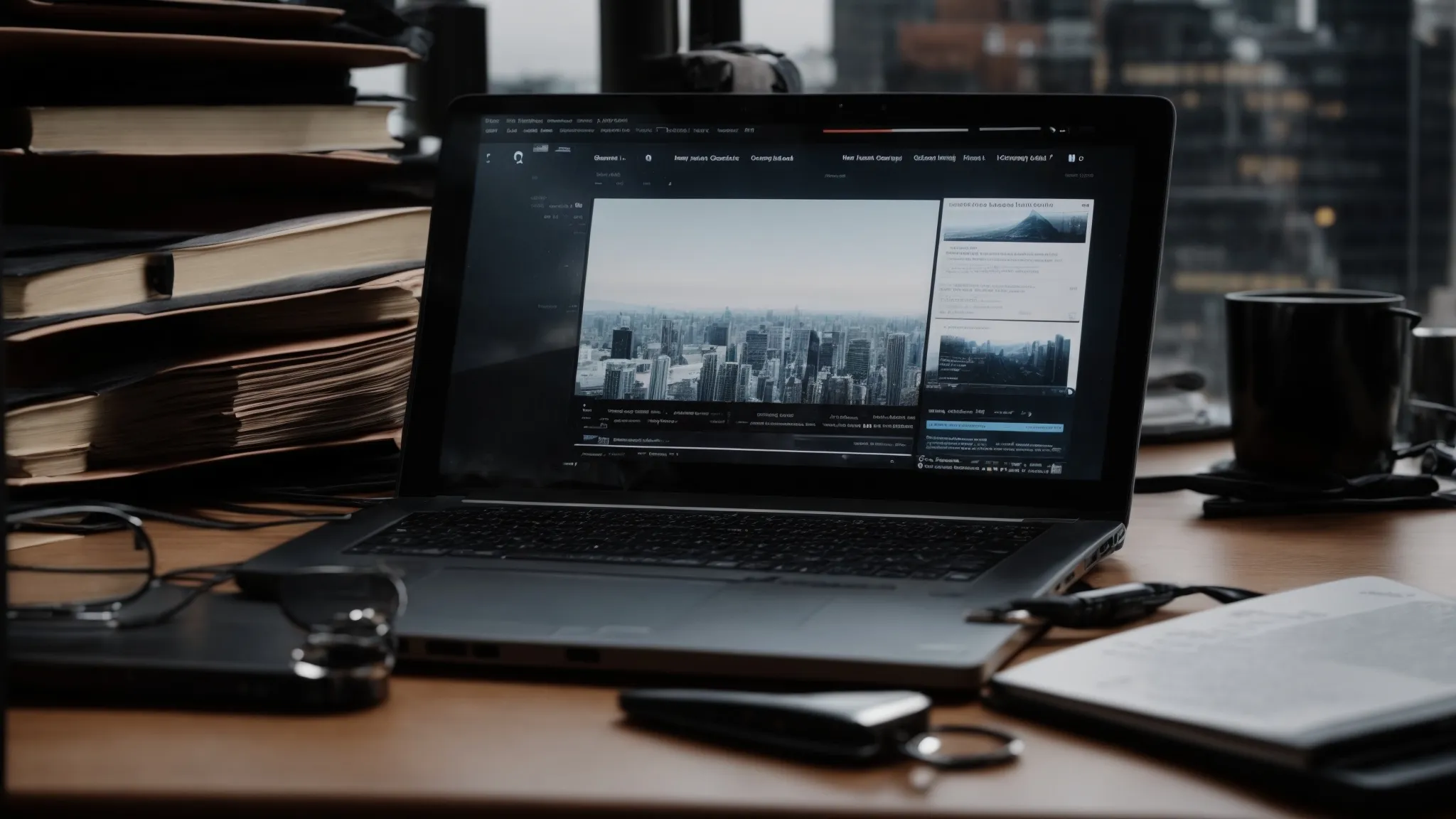 laptops with graphs on the screen surrounded by seo-related books and a magnifying glass lying on a desk.