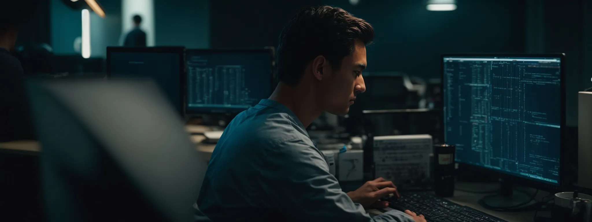 a web developer intently checks analytics on a computer screen, assessing a network of connections on a digital interface.