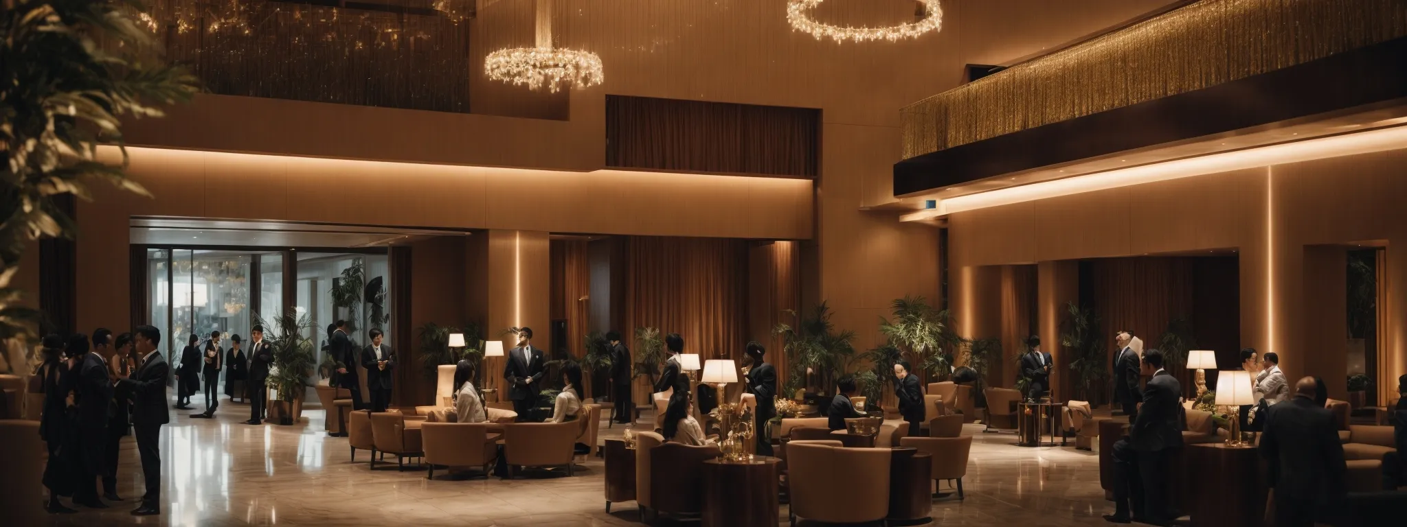 a luxurious hotel lobby bustling with guests, illuminated by the soft glow of an elegant chandelier.