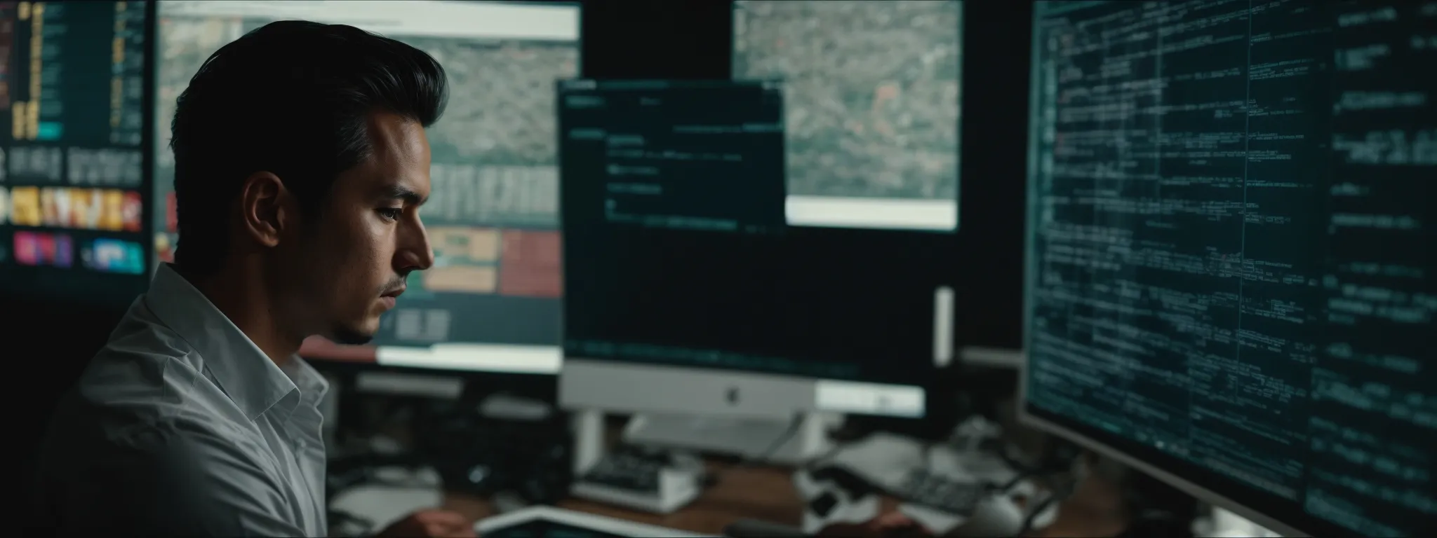 a focused marketer reviews intricate analytics on a computer screen, shaping a sharp long-tail keyword strategy.