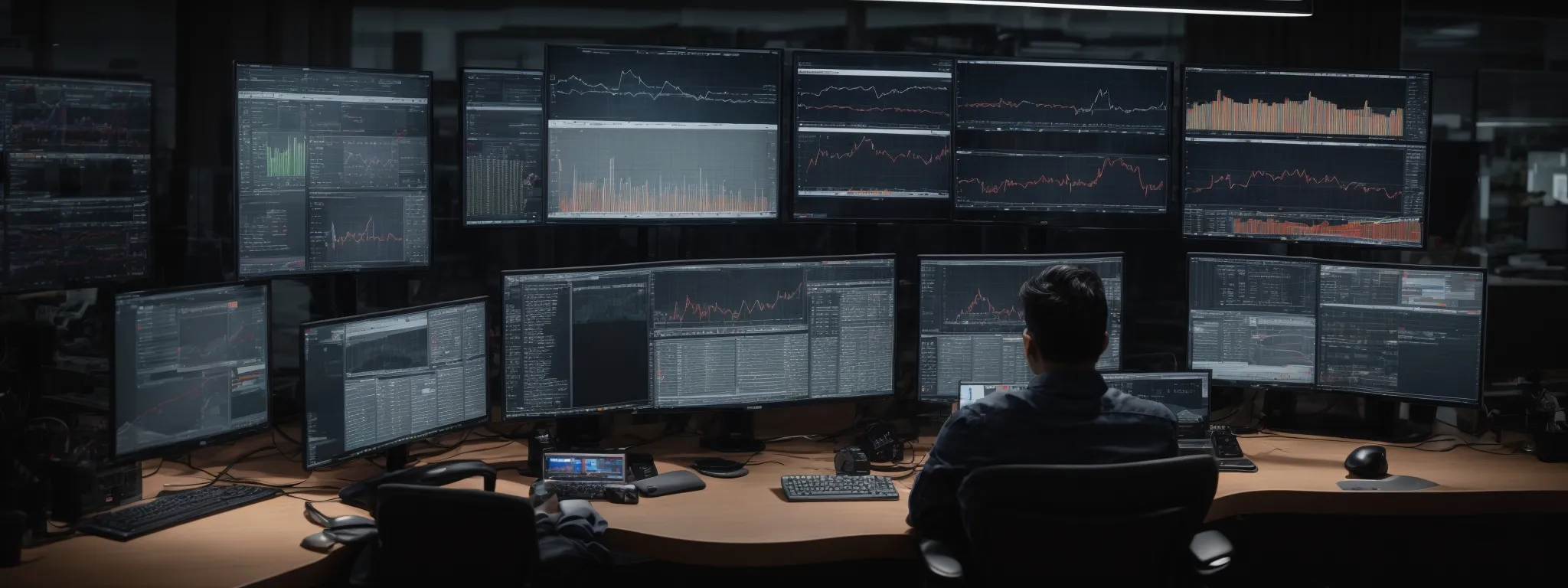 a person at a desk with multiple monitors displaying website analytics and seo tools.
