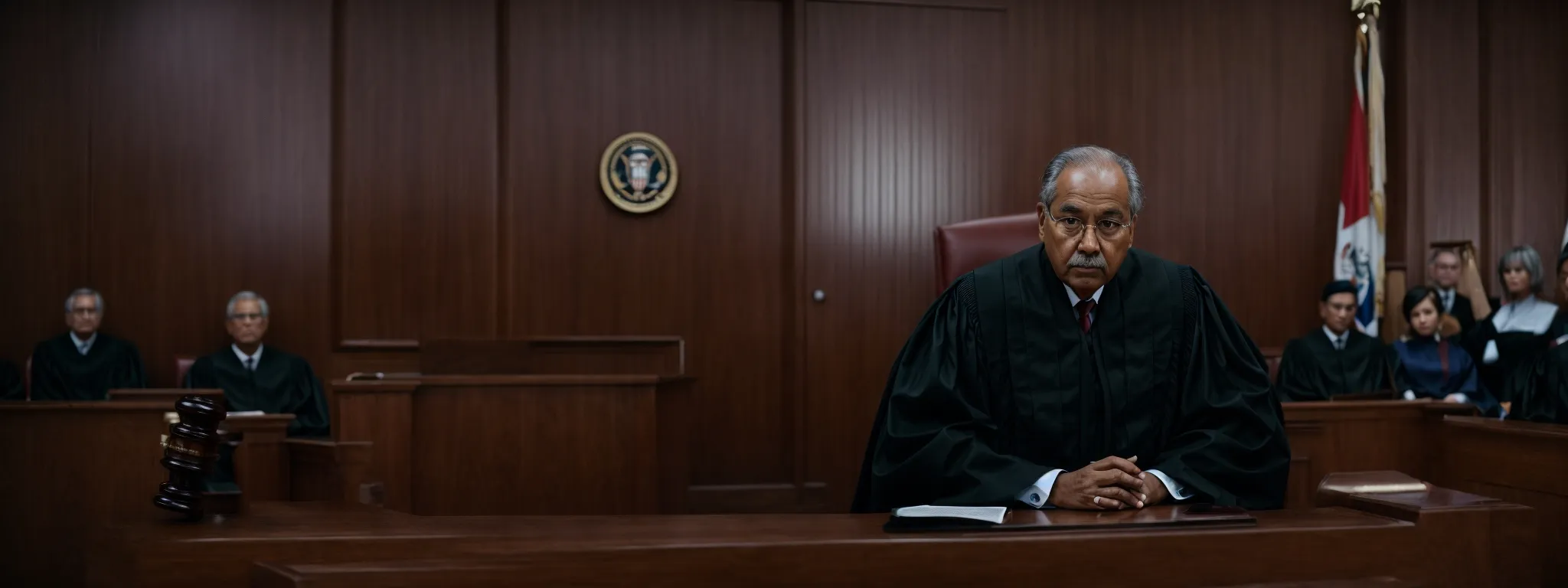 a scene showing a stern judge in a courtroom with a gavel, ready to pass judgment.