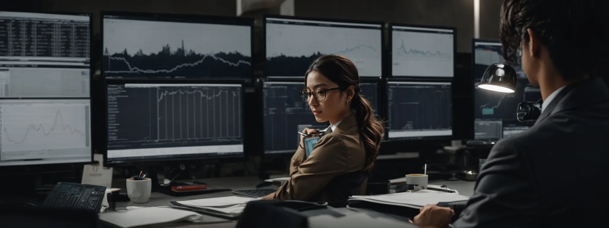 a public relations professional is seated at a modern workspace, intently studying analytics on a computer screen while crafting a press release.