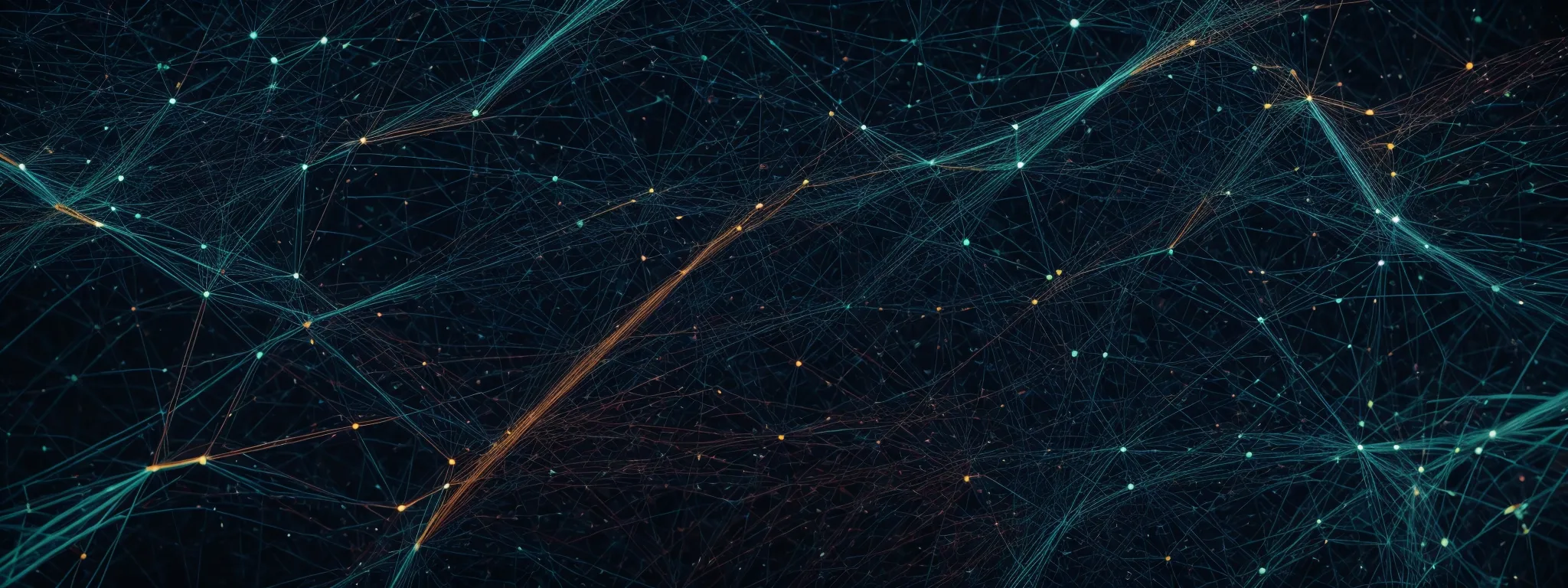 A complex network of glowing blue and orange lines and nodes on a dark background, resembling neural or digital connections.