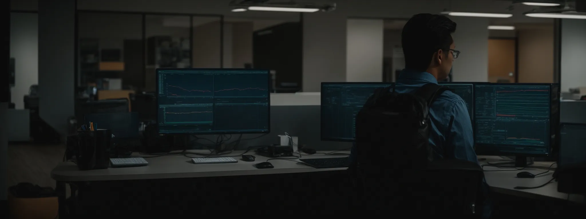 a man at a computer in a modern office, analyzing data and adjusting complex network algorithms.
