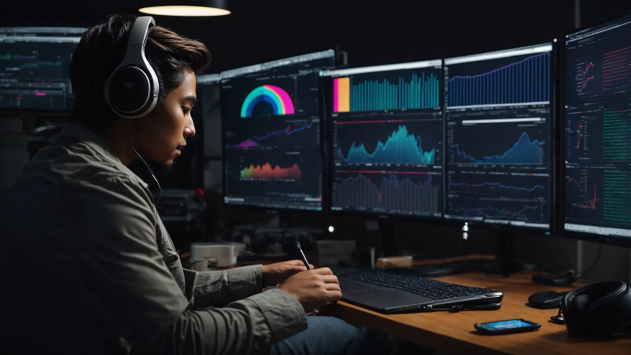 a person sits at a desk with dual monitors displaying colorful graphs and marketing analytics while wearing headphones and taking notes.