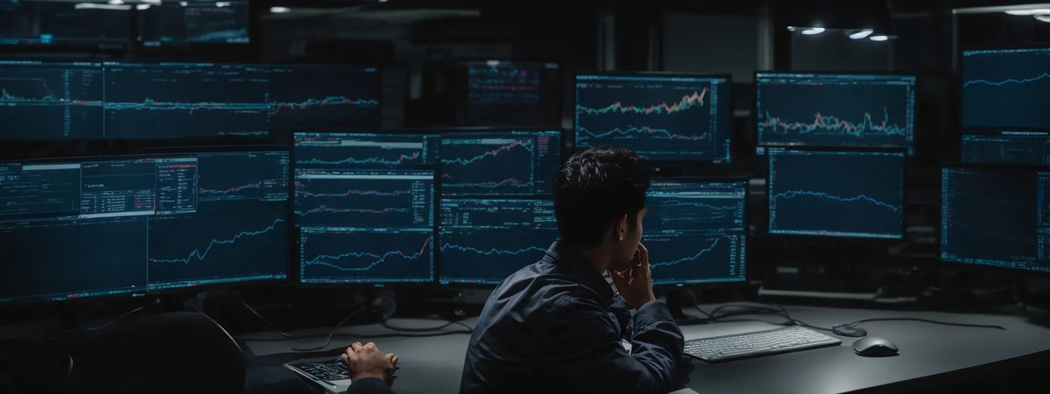 a person working intently on a computer with multiple charts and graphs on the screen depicting seo analytics and keyword trends.