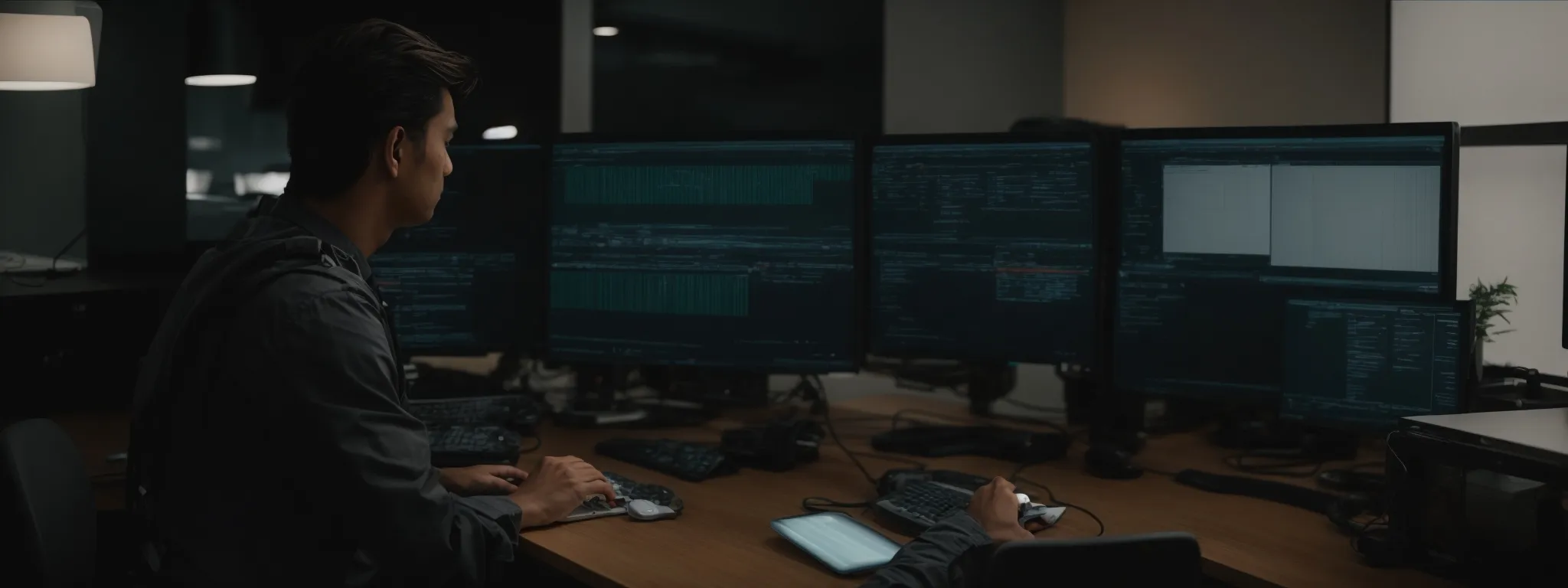 a person comparing different domain extensions on a large, visible computer screen while seated at a modern office desk.