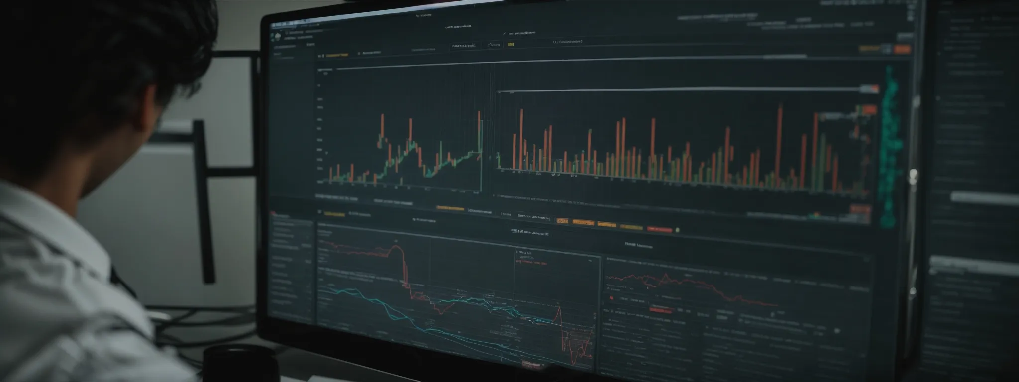 a lawyer studies complex graphs on a computer showing web traffic and keywords rankings for their law firm's website.