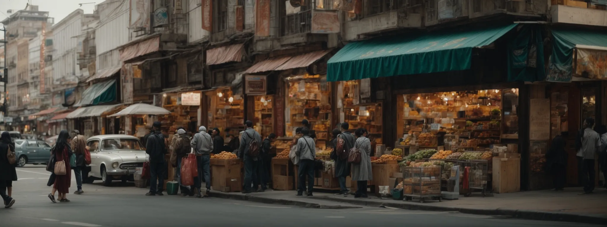 an image of a bustling city street corner with diverse shops and shoppers, capturing the essence of local commerce.